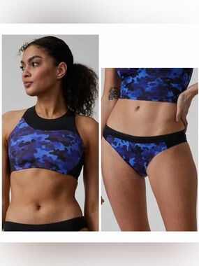 Athleta Black and Blue Camo High-Neck Bikini Set